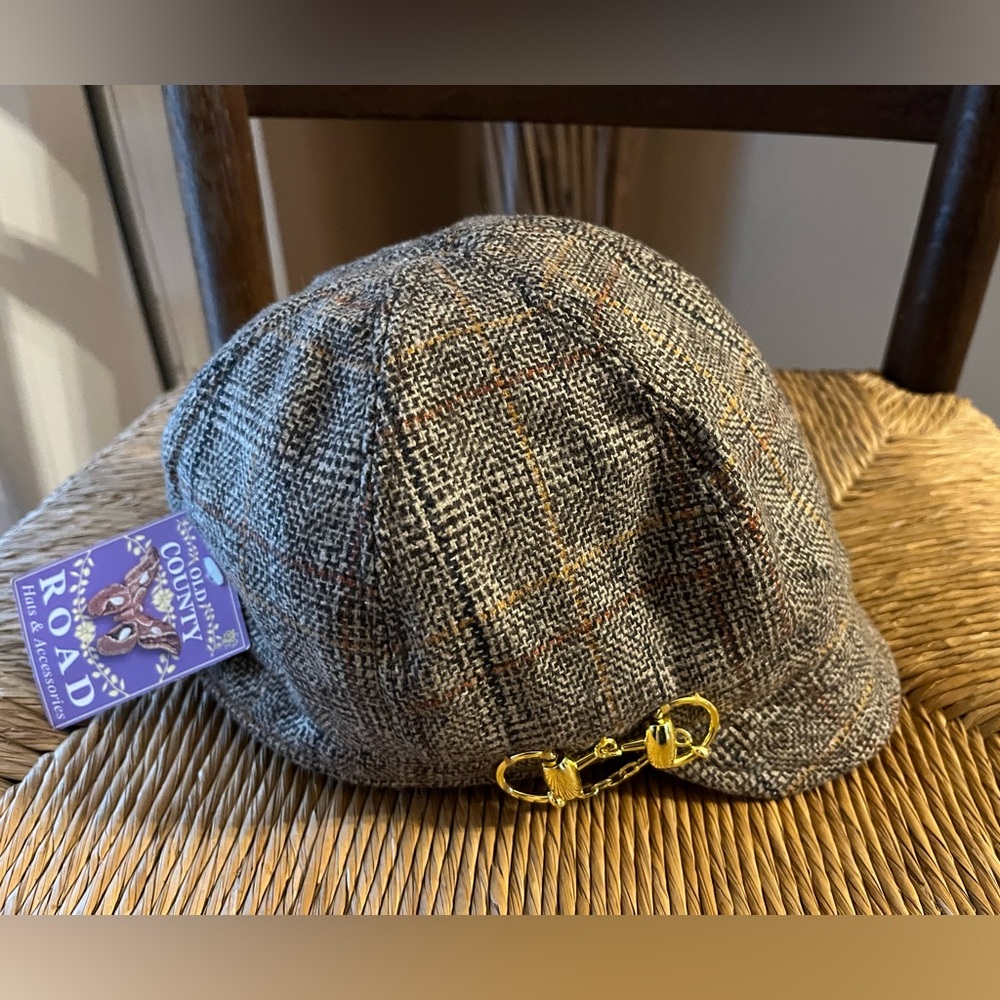 NWT Old County Road Tweed Plaid Newsboy Hat with Gold Chain Accent